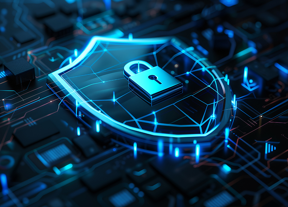 3D illustration of shield with lock and digital data network, blue color theme, isometric view, on dark background, concept for cyber security technology or online protection, detailed design, high resolution --ar 16:9 Job ID: fd295fbe-f95b-4c9b-a74c-1a67df883f9c